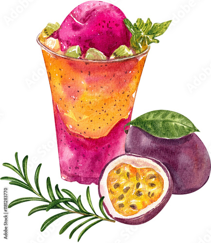 A cup of pink drink with a slice of purple fruit in it photo