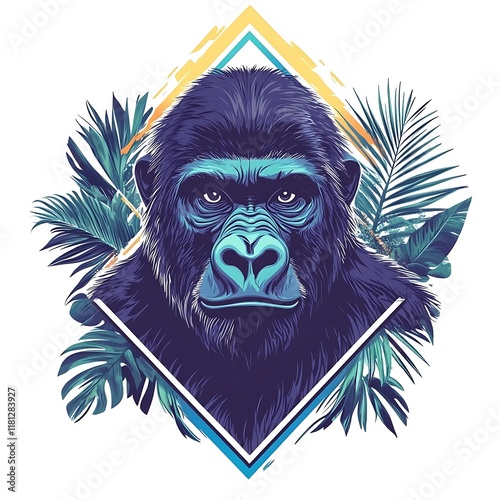 Stylized gorilla illustration with tropical foliage. photo