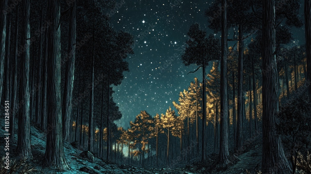 Naklejka premium Starry night sky over a dark forest path.