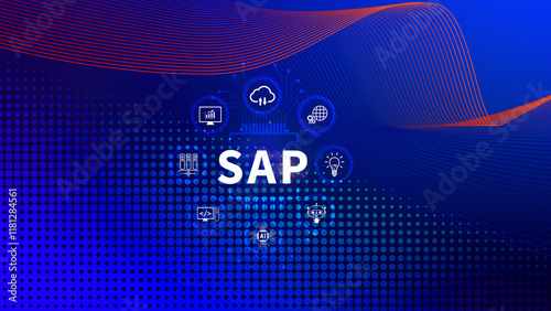 SAP system concept, SAP System Application Products, Business process automation and management software concept, management solutions.