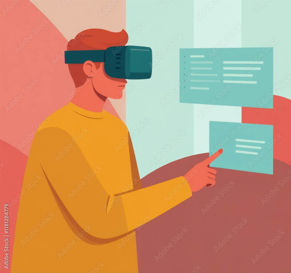Man in VR headset navigates digital interface, exploring a pastel-hued virtual world Man in VR headset navigates digital interface, exploring a pastel-hued virtual world