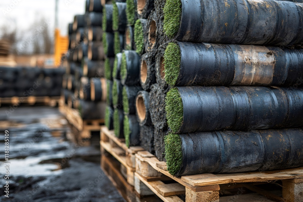Rolls of artificial grass turf on wooden pallets awaiting installation Rolls of artificial grass turf on wooden pallets awaiting installation