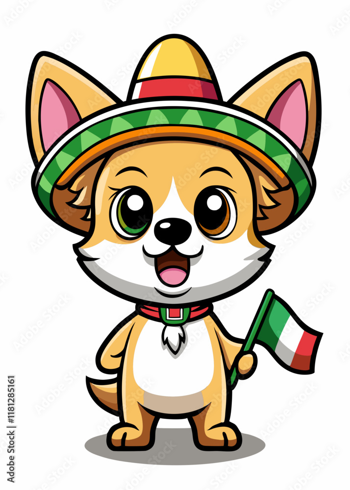Lindo chihuahua con sombrero y sosteniendo una pequeña bandera mexicana. Lindo chihuahua con sombrero y sosteniendo una pequeña bandera mexicana.