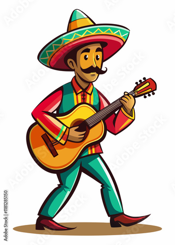 Músico mariachi alegre tocando la guitarra con sombrero tradicional y atuendo colorido. Artista mexicano alegre tocando un instrumento acústico