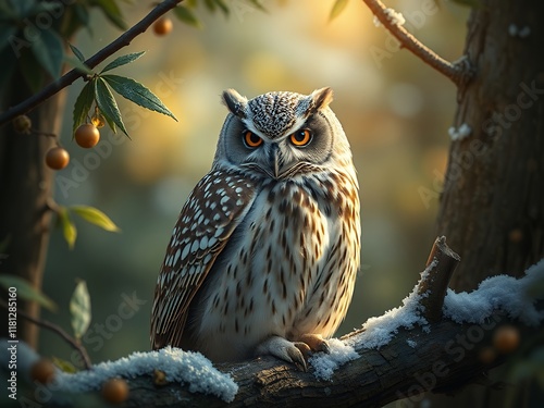 an image of a owl sitting on a branch in a tree. photo