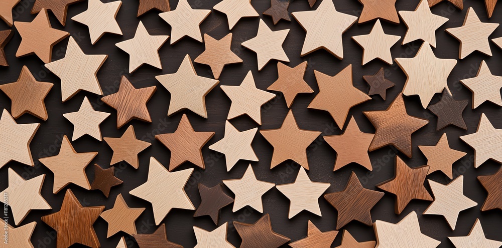 Fototapeta premium A visually appealing arrangement of wooden stars in various shades, perfect for creative projects, decoration ideas, and artistic designs. Ideal for backgrounds and crafts.
