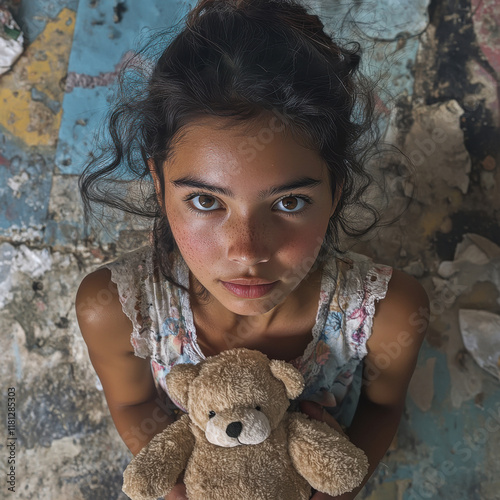 young Colombian student, she holds a teddy bear in one of her hands photo