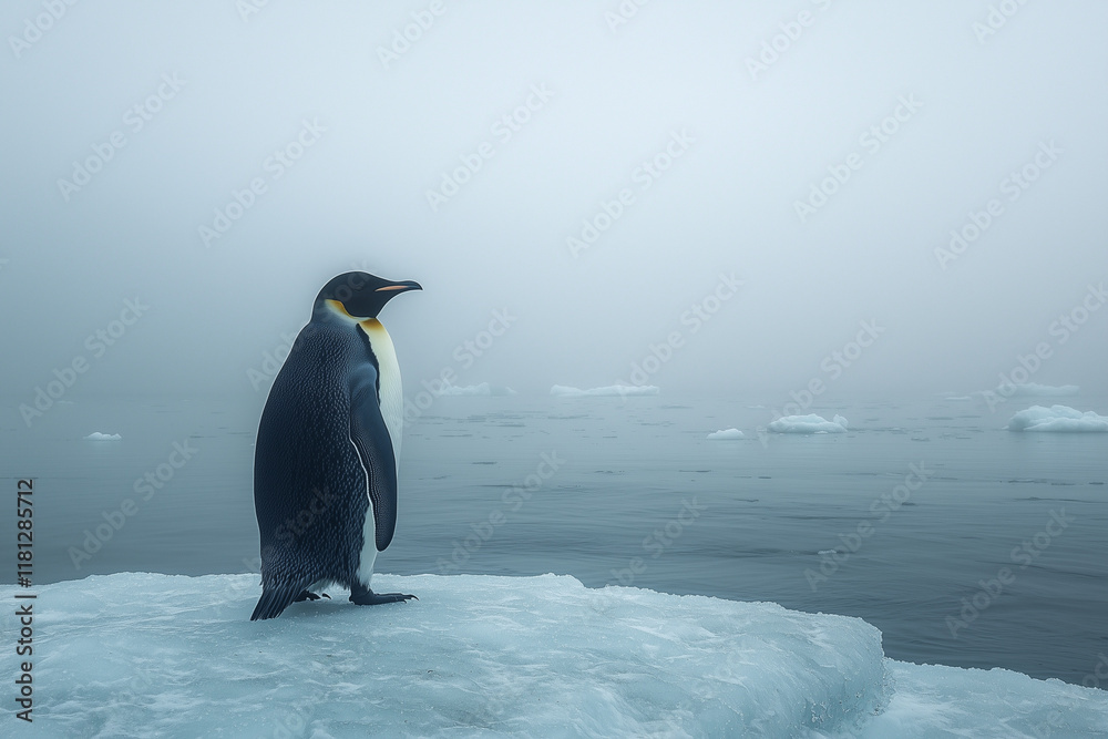 Obraz premium A solitary penguin gazing out over the icy Antarctic ocean, capturing the quiet beauty and isolation of life in the polar region, with icebergs drifting in the distance.