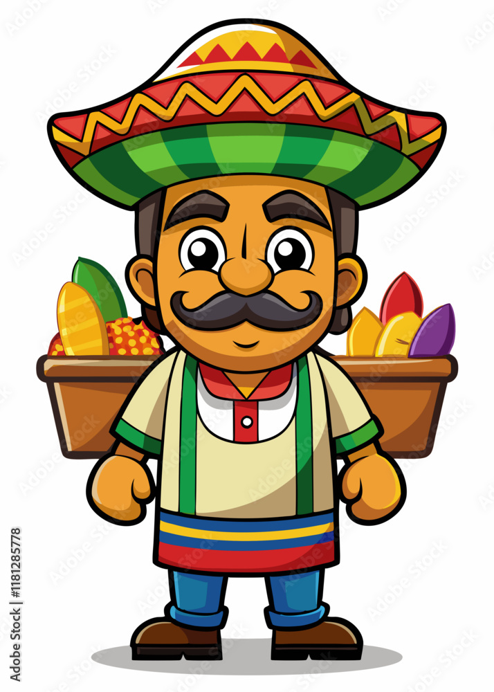 Vendedor ambulante festivo mexicano, que vende comidas tradicionales como tamales y churros.