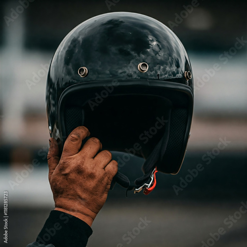 The racer's hand lifts his plain black helmet to the sky, suitable for placing logos, emblems, stickers and brands photo