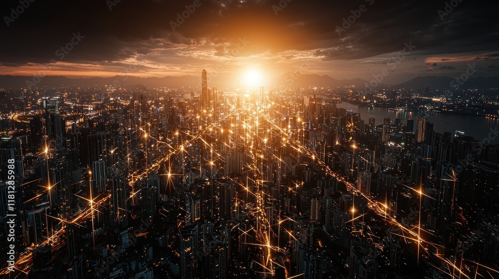 Fototapeta premium Illuminated Metropolis: A City at Sunset