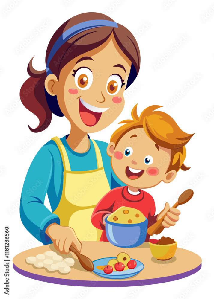 Mother and child baking cookies together, with flour on their faces and joyful expressions. Mothers Day Vector
Mother and child baking cookies together, with flour on their faces and joyful expressions. Mothers Day Vector