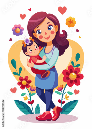 oving mother holding baby with warm smile, surrounded by hearts and flowers. Caring mom embracing infant in affectionate moment, maternal love concept, cozy family bonding.