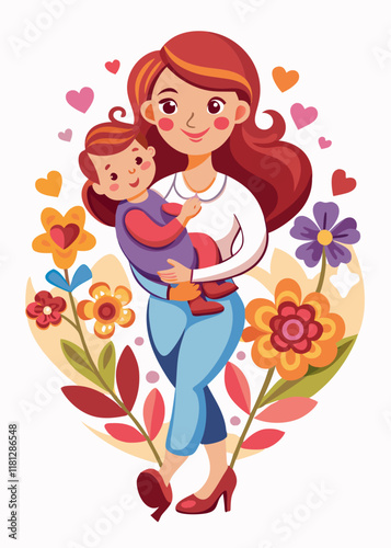 oving mother holding baby with warm smile, surrounded by hearts and flowers. Caring mom embracing infant in affectionate moment, maternal love concept, cozy family bonding.
