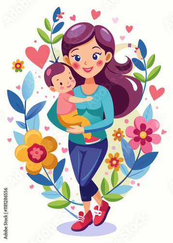 oving mother holding baby with warm smile, surrounded by hearts and flowers. Caring mom embracing infant in affectionate moment, maternal love concept, cozy family bonding.