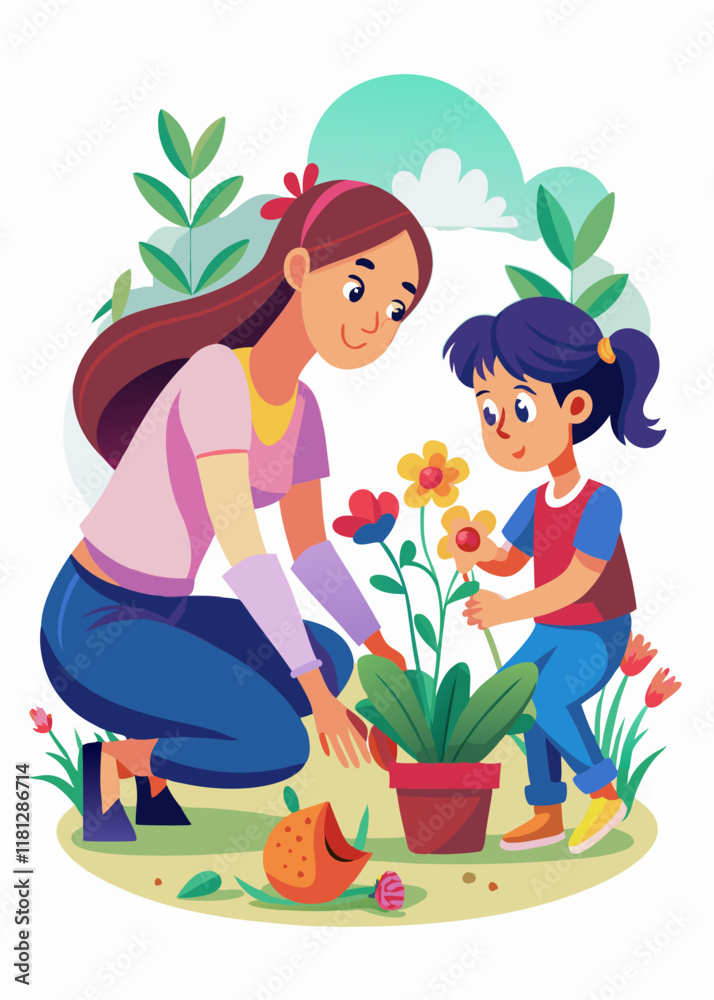 Loving mother and daughter planting flowers together in a lush garden, enjoying quality family time outdoors, celebrating motherhood with blooming spring plants. Loving mother and daughter planting flowers together in a lush garden, enjoying quality family time outdoors, celebrating motherhood with blooming spring plants.