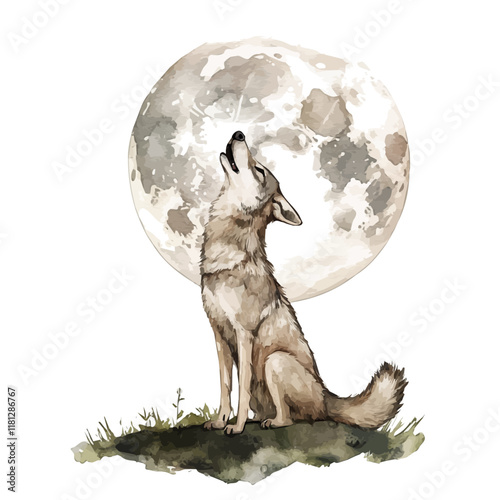 A watercolor illustration of a coyote howling at the moon, isolated on a white background. Coyote vector.
