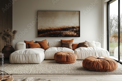 Foto Minimalist living room with plush sofa and high fidelity sound modern home inter
