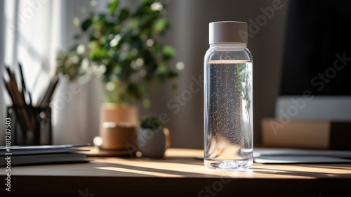 A minimalist water bottle on a desk with natural lighting, creating a refreshing and clean workspace atmosphere