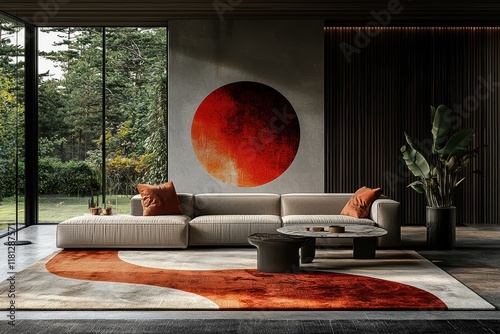 Elegant minimalist living room design with sleek sofa and large window modern home interior decor serene environment