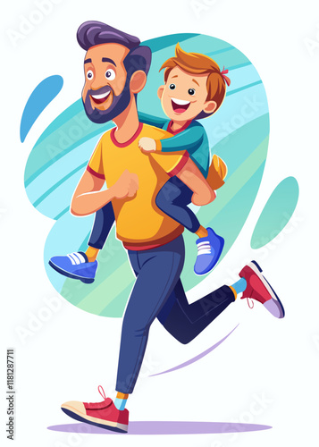 Loving father giving his child a piggyback ride, both laughing joyfully. Happy family bonding outdoors, celebrating Father's Day with fun and play.