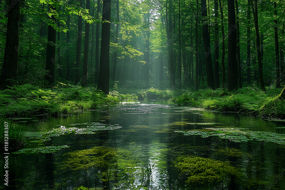 Fototapeta premium A vibrant, untouched forest with diverse flora and fauna, representing the beauty and importance of nature preservation. The sunlight filtering through the trees and the flowing river add to the seren