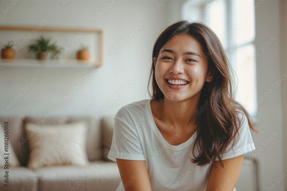 Portrait of happy Asian teenage in white t-shirt on blurred background of bright living room Portrait of happy Asian teenage in white t-shirt on blurred background of bright living room