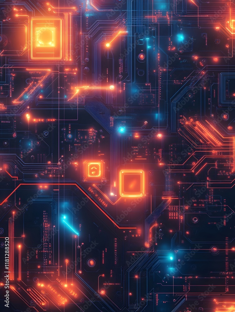 holographic circuit board design with dynamic glowing elements. holographic circuit board design with dynamic glowing elements.