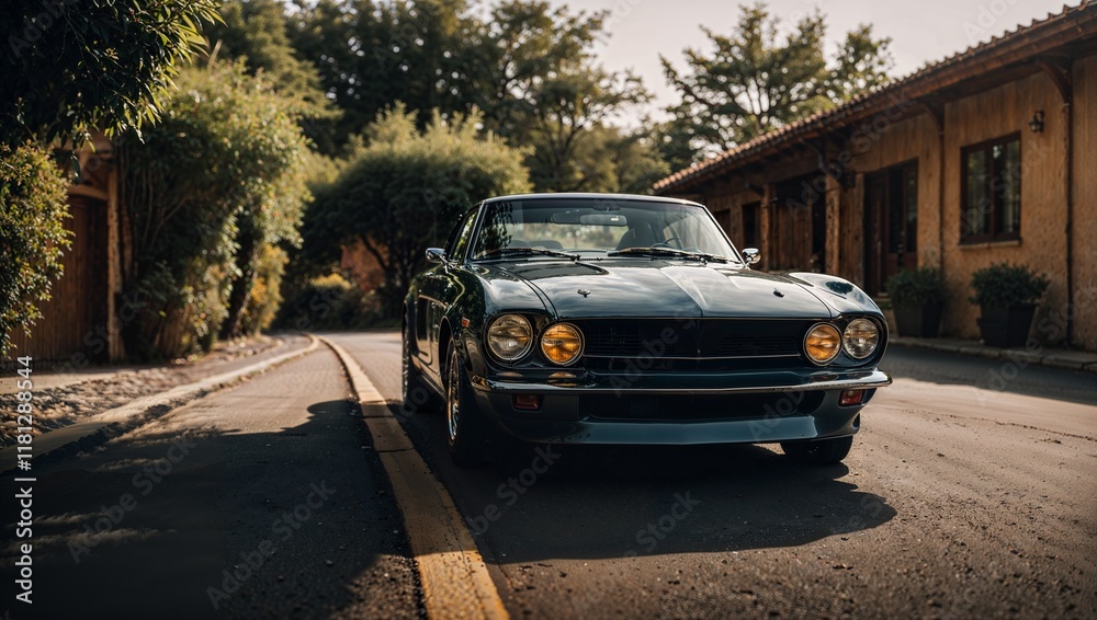 Fototapeta premium A vintage luxury car with a sleek, polished dark green body and yellow-tinted headlights is parked on a quiet, tree-lined street.