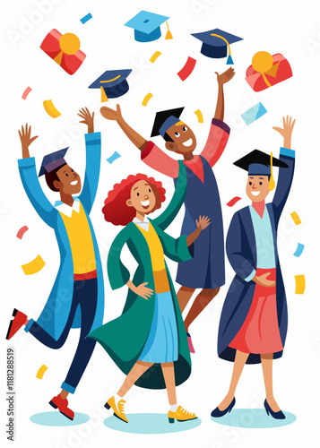 Diverse group of graduates celebrating at graduation ceremony, students throwing caps in air, joyful academic achievement, university commencement event, happy graduates in traditional gowns.

