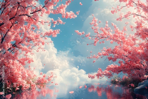 Beautiful cherry blossom trees reflect in calm water beneath a blue sky filled with fluffy clouds