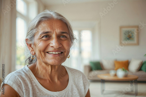 Portrait of happy mature Indian woman in white t-shirt on blurred background of bright living room and looking at camera Free Download Portrait of happy mature Indian woman in white t-shirt on blurred background of bright living room and looking at camera - GFXLoad