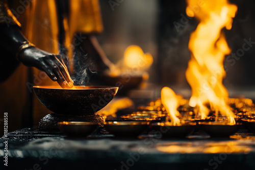 Ancient Egyptian ritual vessels on an ancient table in a sanctuary background.
