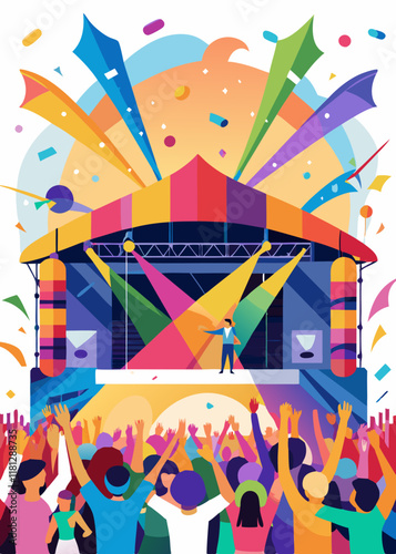 Crowd enjoying live music festival with bright stage lights and confetti in the air. Excited audience cheering at concert, celebrating with hands raised under colorful spotlights.

