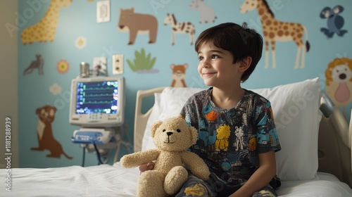 A young boy with autism sitting on a hospital bed holding a stuffed animal with cheerful animal wall decals and a medical monitor softly blinking in the background photo