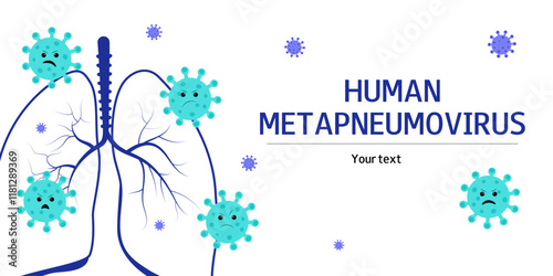 Metapneumovirus or hMPV vector background. Human lungs silhouette and virus. Free space for text. Medical flat illustration.