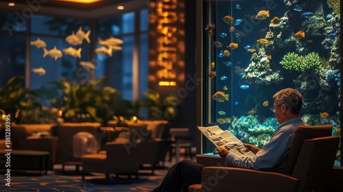 A man with Parkinson’s disease reading a newspaper in a hospital lounge area with chairs and a large fish tank under warm ambient lighting