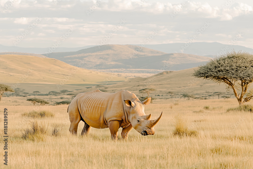 A tranquil scene of a rhinoceros grazing in the grassland, with its massive body and large horn standing out against the greenery and distant hills. The serene atmosphere and soft sunlight capture the A tranquil scene of a rhinoceros grazing in the grassland, with its massive body and large horn standing out against the greenery and distant hills. The serene atmosphere and soft sunlight capture the