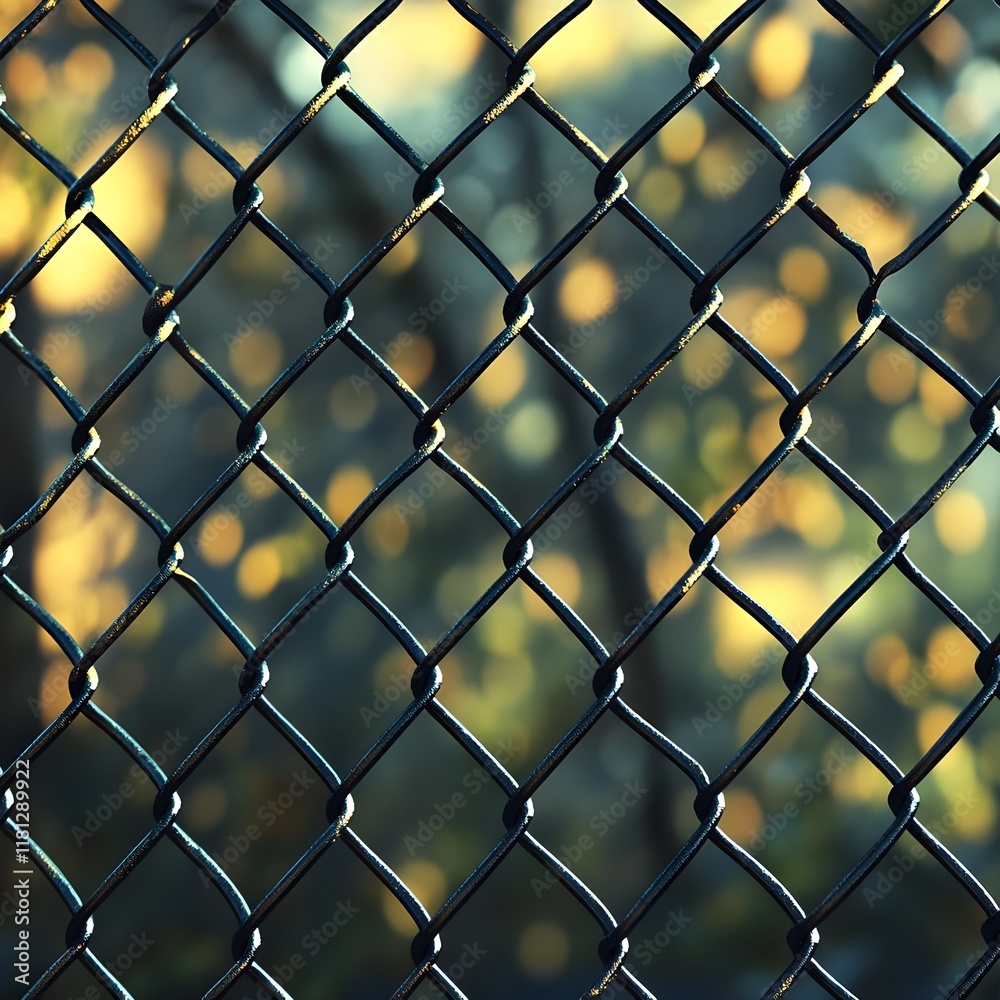Fototapeta premium pattern of a chain-link fence with sunlight casting geometric shadows.