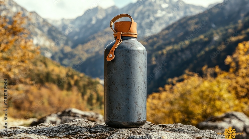 An artisanal water bottle with a leather handle, lying on a stone surface with mountain views in the background An artisanal water bottle with a leather handle, lying on a stone surface with mountain views in the background