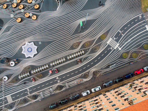 Aerial view of superkilen park featuring vibrant patterns and modern design, copenhagen, denmark. photo