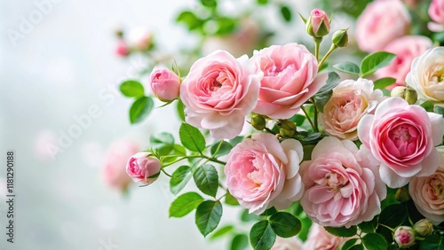 A delicate rose bush with soft pink petals and green leaves against a bright white background, blossoming