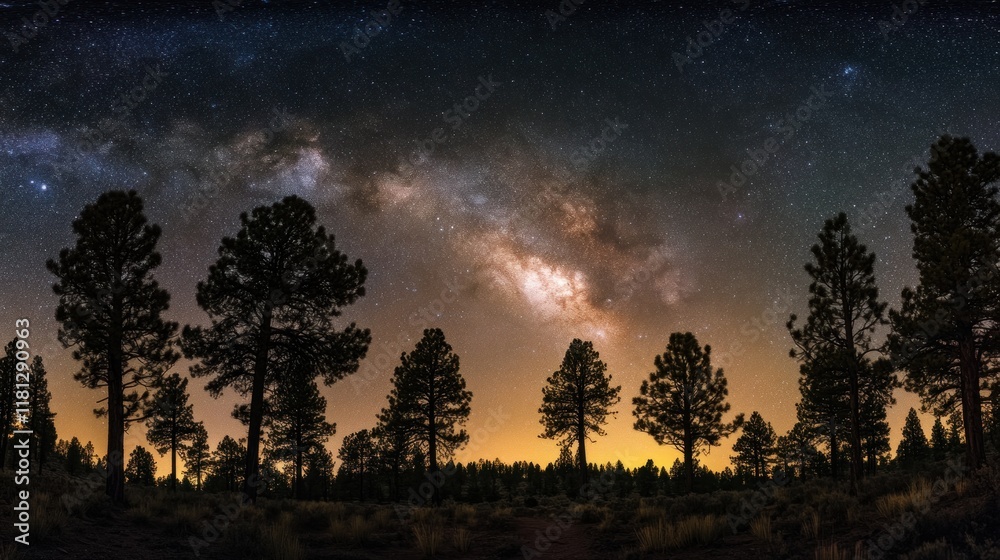 Fototapeta premium Majestic Milky Way galaxy arching over a silhouetted pine forest at night.