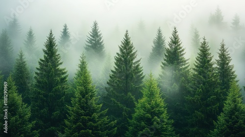 Misty evergreen forest, aerial view.