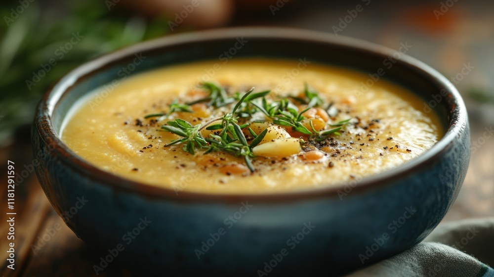 Bowl of lentil and vegetable soup garnished with herbs, set in a rustic, comforting atmosphere Bowl of lentil and vegetable soup garnished with herbs, set in a rustic, comforting atmosphere