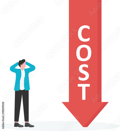 Businessman's hand holding green down arrow put on COST bar chart. Lean optimize manufacturing. Decreasing company expense to maximize profits
