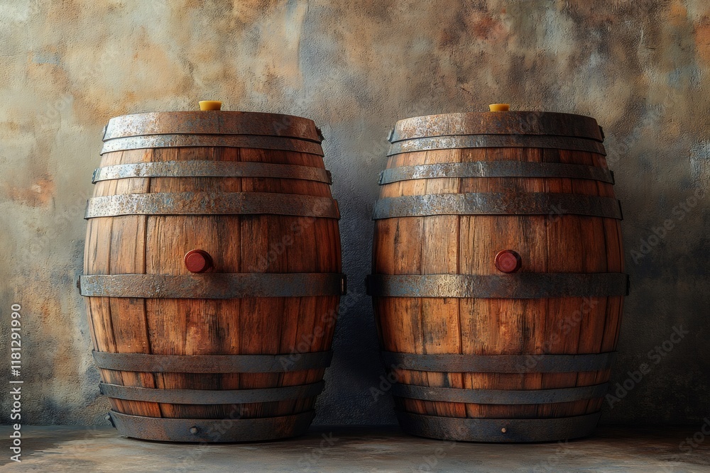 Two oak wine barrels resting against grunge wall in winery cellar Two oak wine barrels resting against grunge wall in winery cellar
