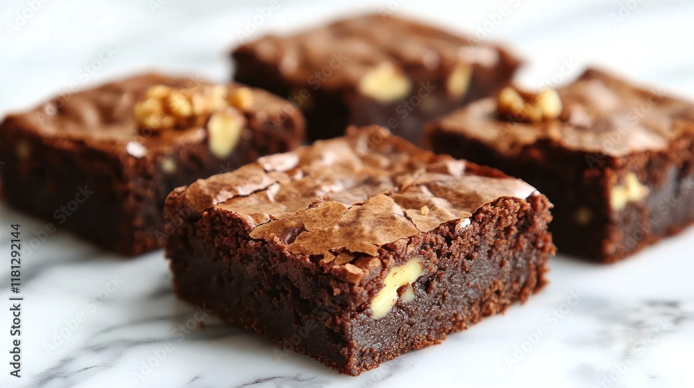 Chewy gluten-free brownies with a rich chocolate center, topped with walnuts and arranged on a minimalist marble background Chewy gluten-free brownies with a rich chocolate center, topped with walnuts and arranged on a minimalist marble background