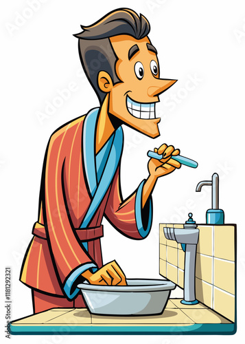  Man brushing his teeth at bathroom sink in home interior. Morning dental care routine, young male cleaning teeth with toothbrush, freshening breath, looking at reflection in mirror.
