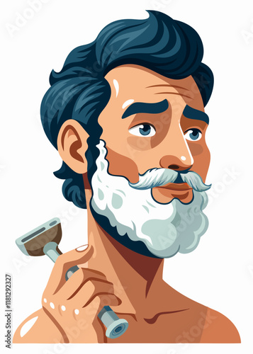 Man shaving with shaving cream. Young male grooming with razor and foam, morning hygiene routine, personal care concept.